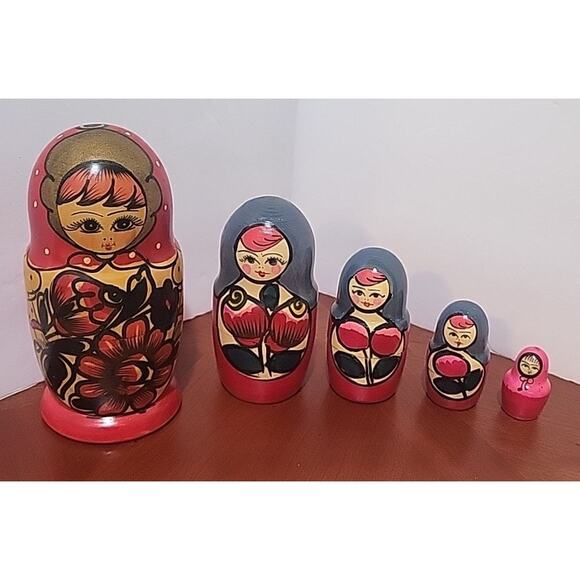 Handmade 5 Russian Nesting Dolls Complete Set - Picture 1 of 7